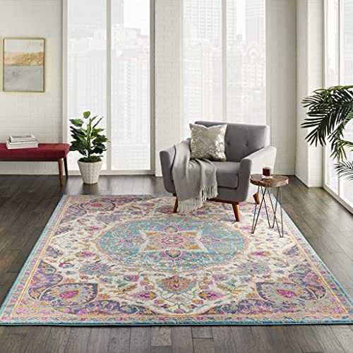 HomeRoots Ivory/Multi 100% Polypropylene 7’ x 10’ Pink and Blue Floral Medallion Area Rug