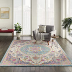 HomeRoots Ivory/Multi 100% Polypropylene 7’ x 10’ Pink and Blue Floral Medallion Area Rug