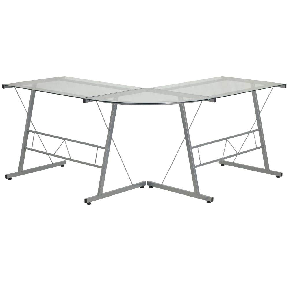 Flash Furniture Ginny L-Shaped Desk 83.5" Computer Corner Desk, Gaming Corner Desk, Home Office Corner Desk, Gaming Desk, Space Saving, Easy to Assemble, Clear