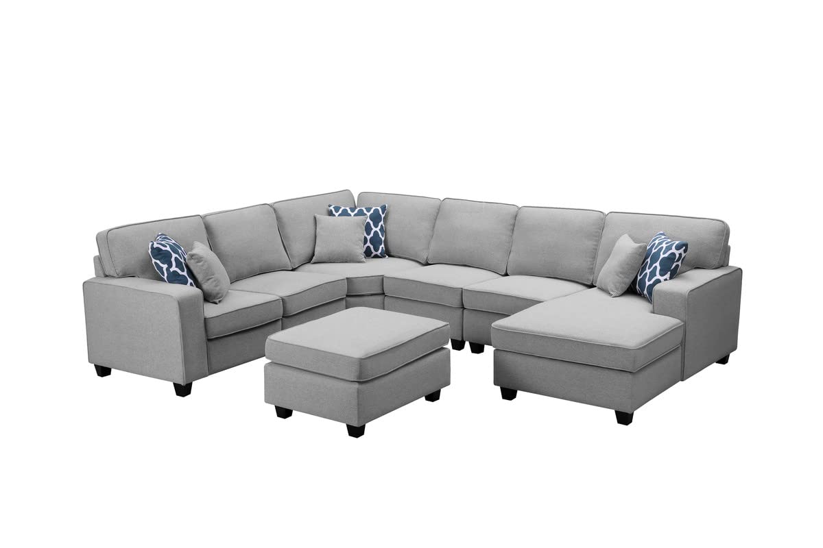 Lilola Home Brooke Light Gray Linen 7Pc Modular L-Shape Sectional Sofa Chaise and Ottoman