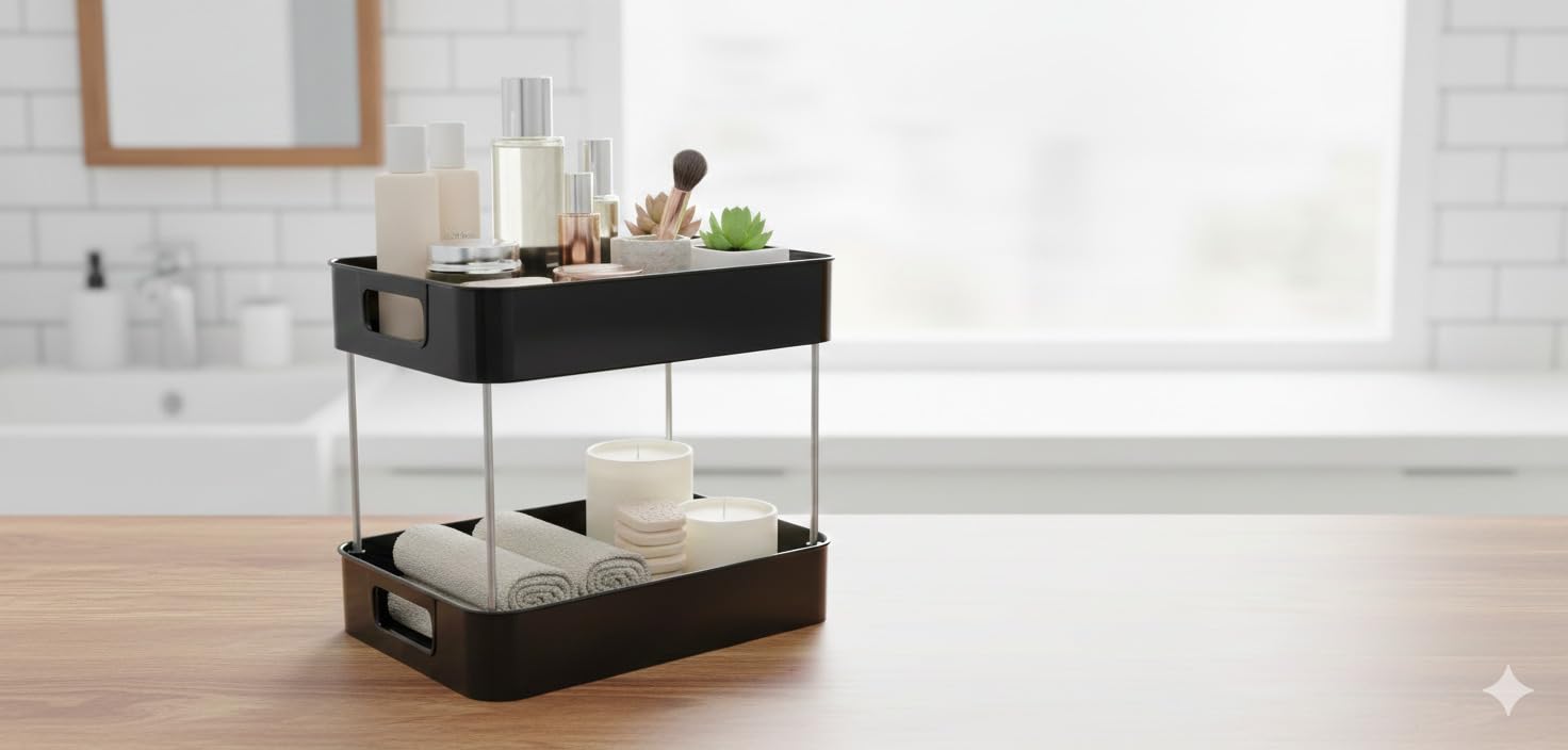 2Tier Bathroom Organiser, Black, Countertop Storage Shelf With Handles, Rectangular, Matte Finish, 33X22X28 Cm