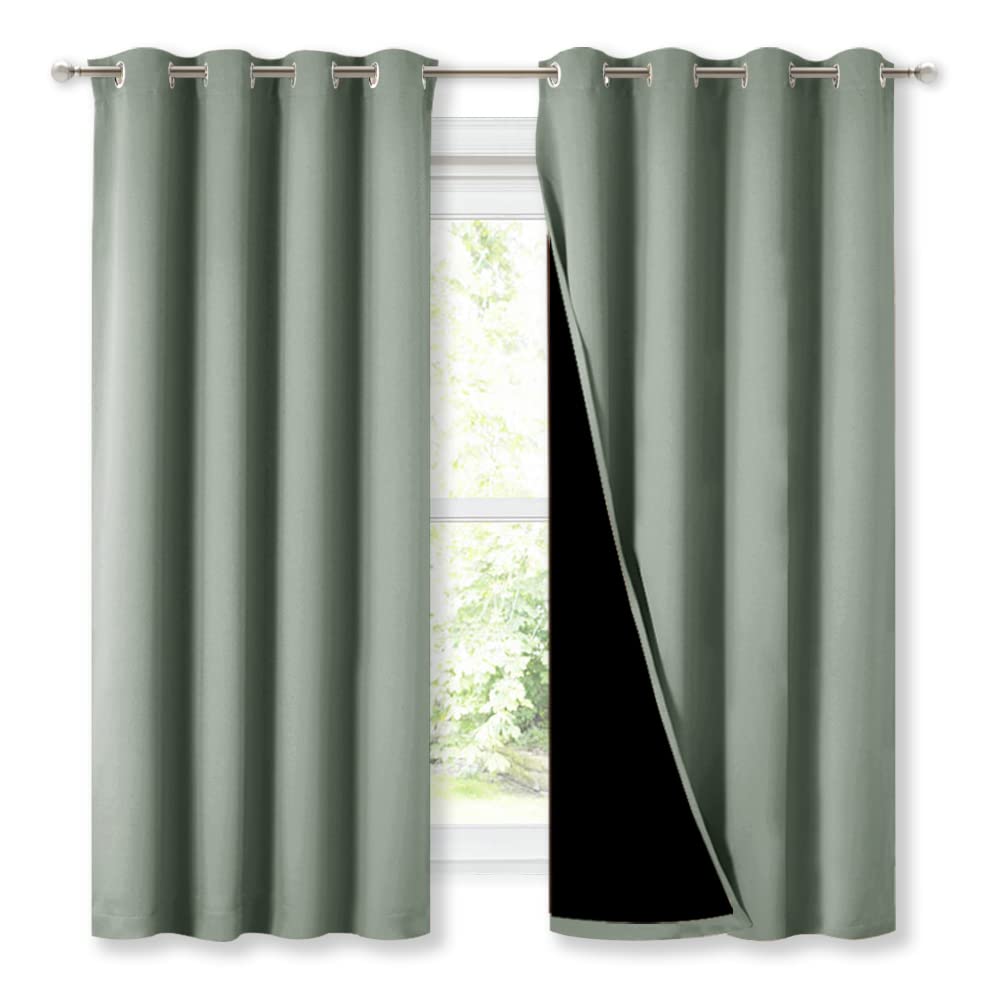 Nicetown Greyish Green 100% Blackout Lined Curtains, 2 Thick Layers Completely Blackout Window Treatment Thermal Insulated Drape