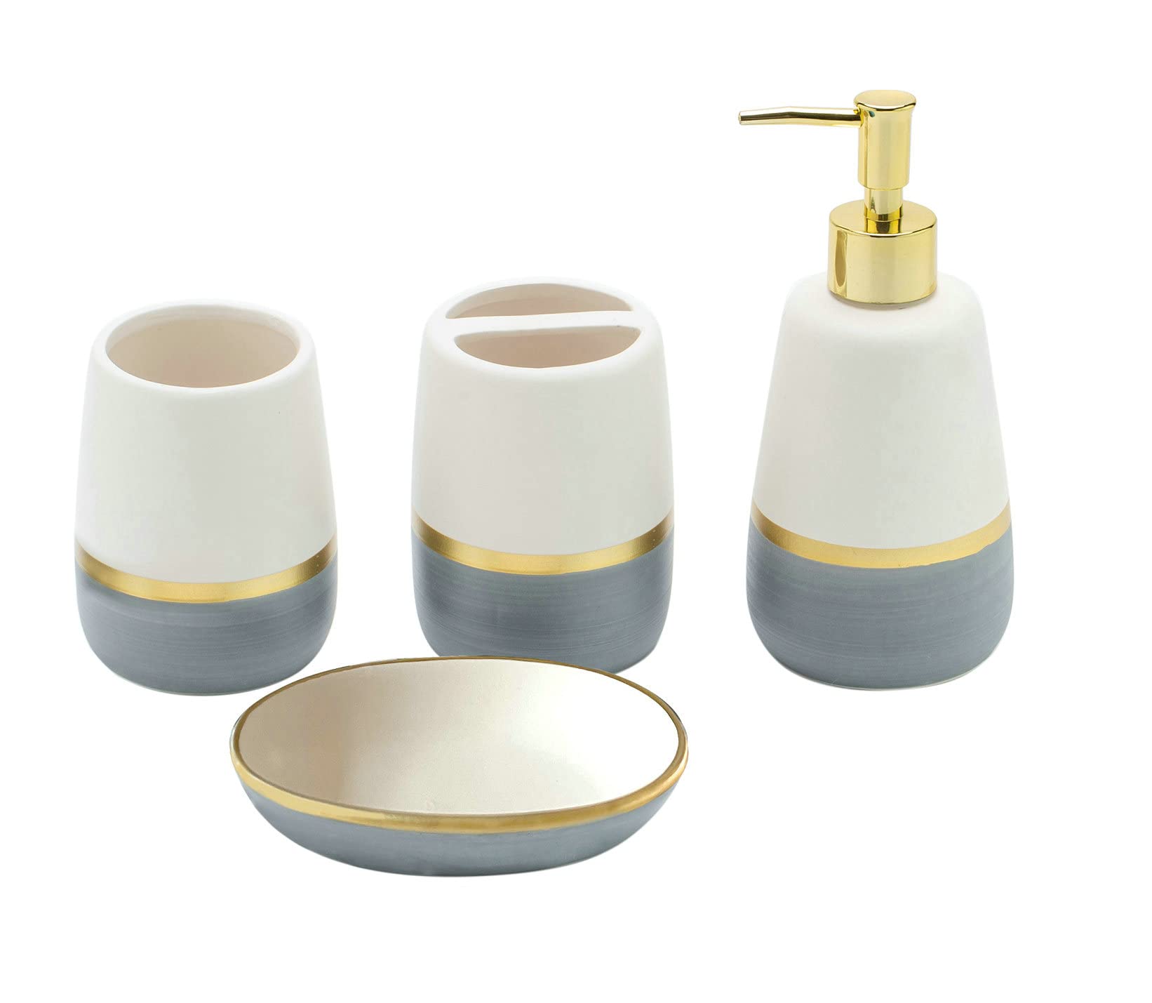 Grey Gold Bathroom accesory Set 4pc,Ceramic Bathroom Accessories Set Gray Bathroom Decor countertop Organize Include Toothbrush 