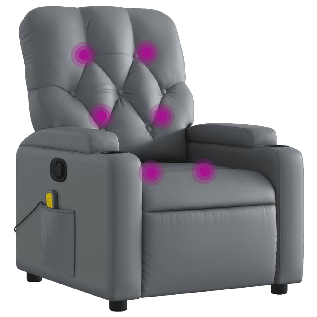 vidaXL Massage Recliner Chair for Elderly - Gray Faux Leather Manual Reclining Armchair with Cup Holders, Side Pocket, and 6-Poi