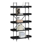 vidaXL 5-Tier Black Engineered Wood Bookcase - Spacious Home/Office Storage Solution with Industrial-Style Metal Frame