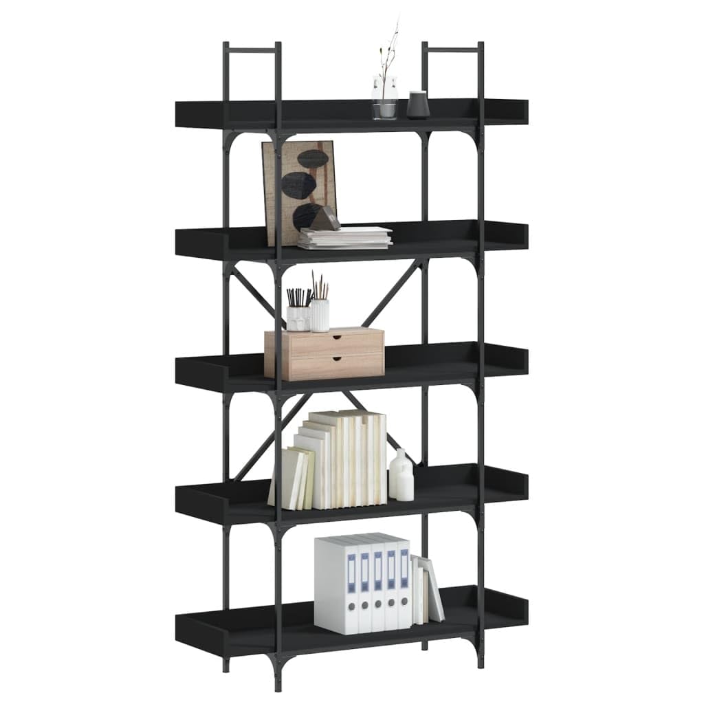 vidaXL 5-Tier Black Engineered Wood Bookcase - Spacious Home/Office Storage Solution with Industrial-Style Metal Frame