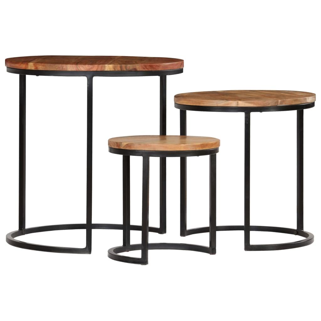 vidaXL Solid Acacia Wood Coffee Table Set with Sheesham Finish - Fully Assembled 3-Piece Nesting End Tables - Industrial Style Steel Frame Side Tables