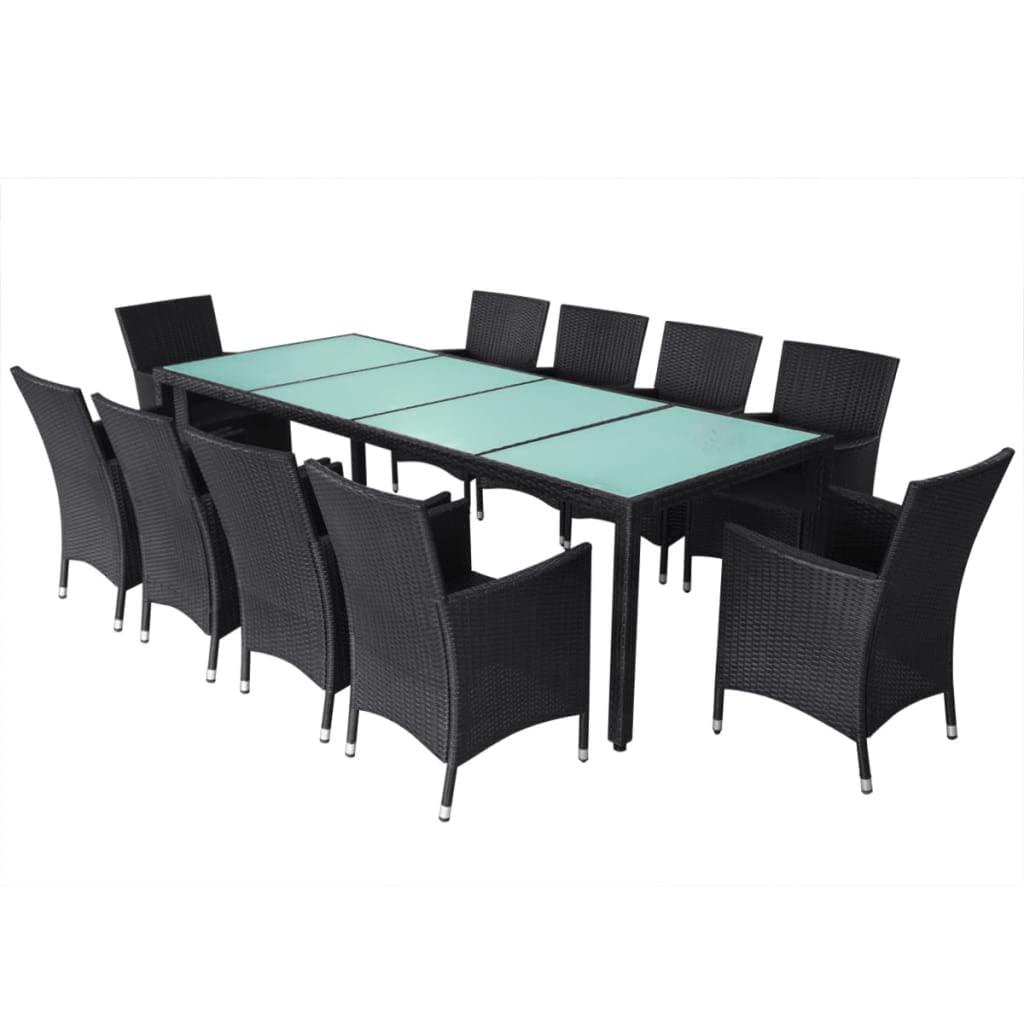 vidaXL Patio Furniture Set 11 Piece, Dining Table Set with Glass Tabletop, Rattan Chairs with Cushions and Steel Legs, Outdoor Furniture Set, Poly Rattan Black