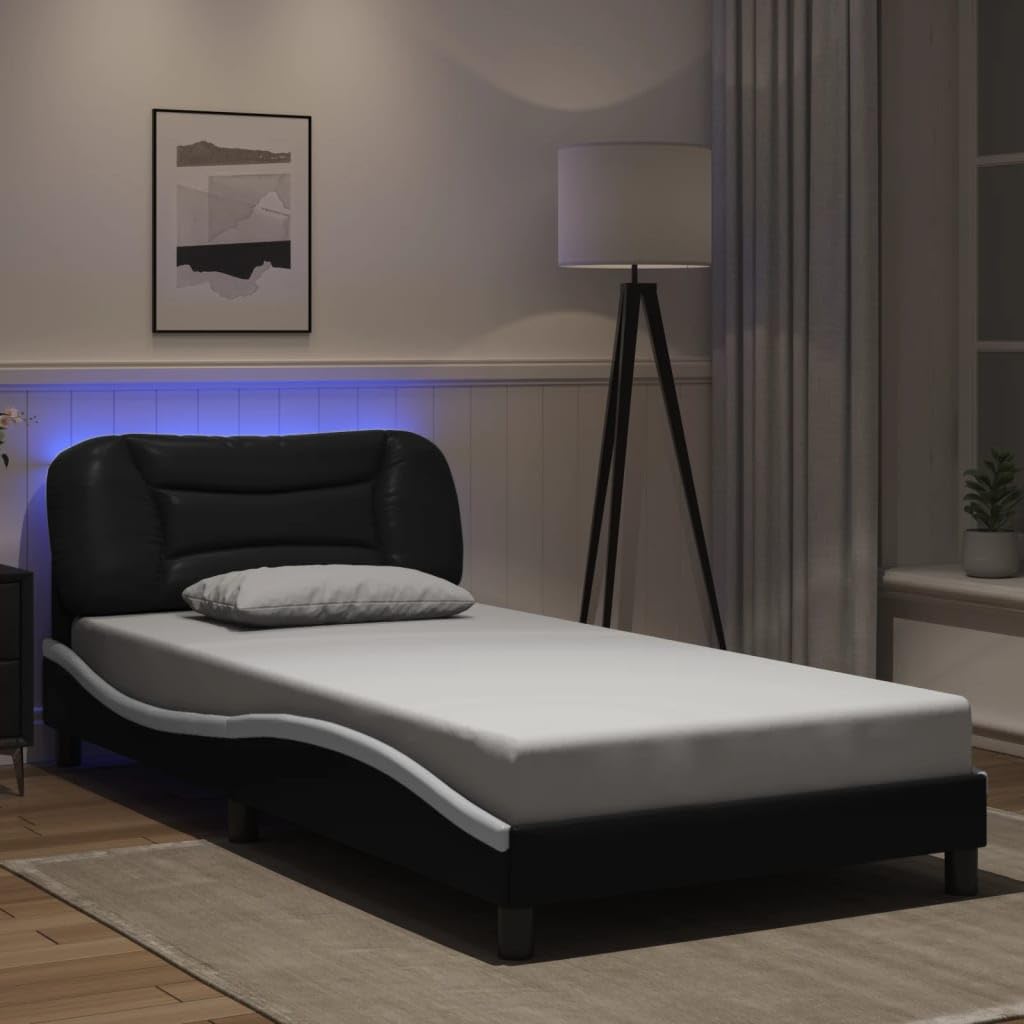 vidaXL Twin XL Bed Frame with LED Lights - Durable Black & White Faux Leather, Plywood Slats, Waved Design, Comfort Headboard