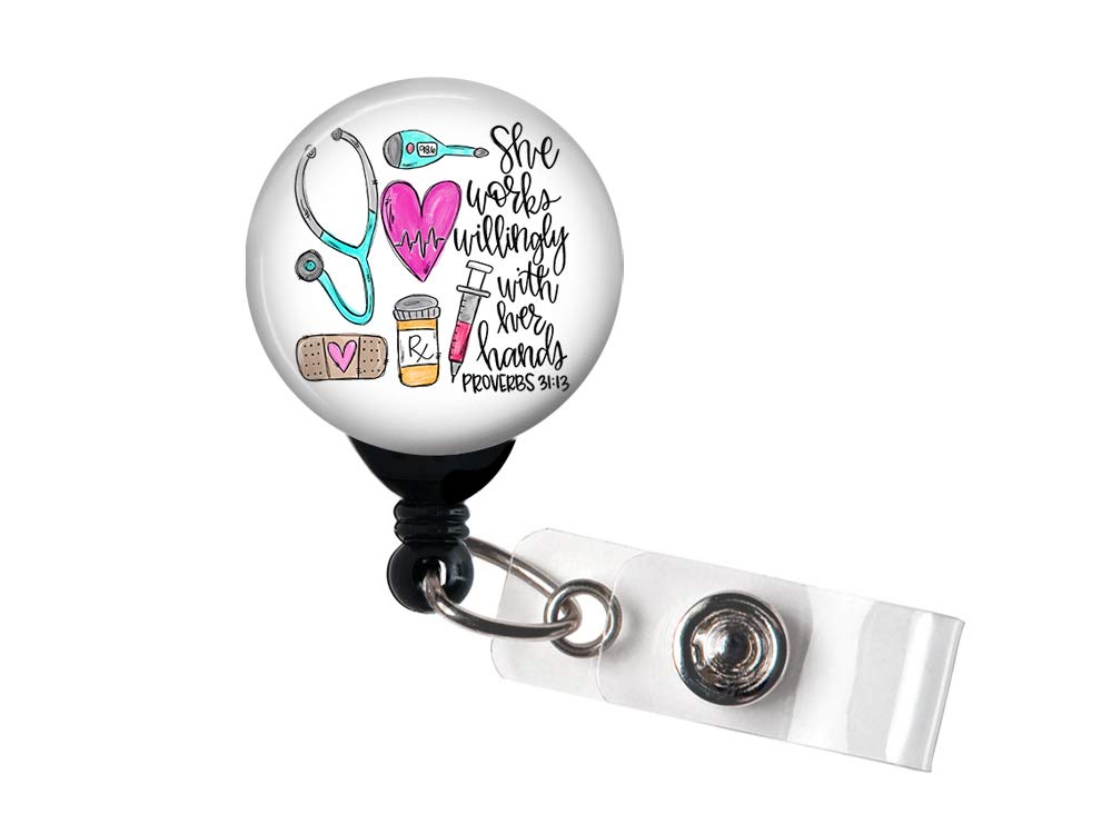 She Works Willingly With Her Hands Nurse Theme - Retractable Badge Reel With Swivel Clip And Extra-Long 34 Inch Cord - Badge Hol