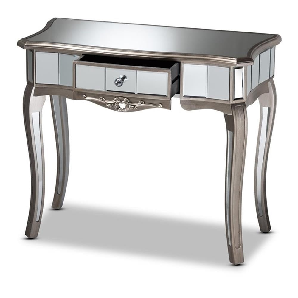 Baxton Studio Elgin ntemporary Glam and Luxe Brushed Silver Finished Wood and Mirrored Glass 1-Drawer nsole Table (11919)