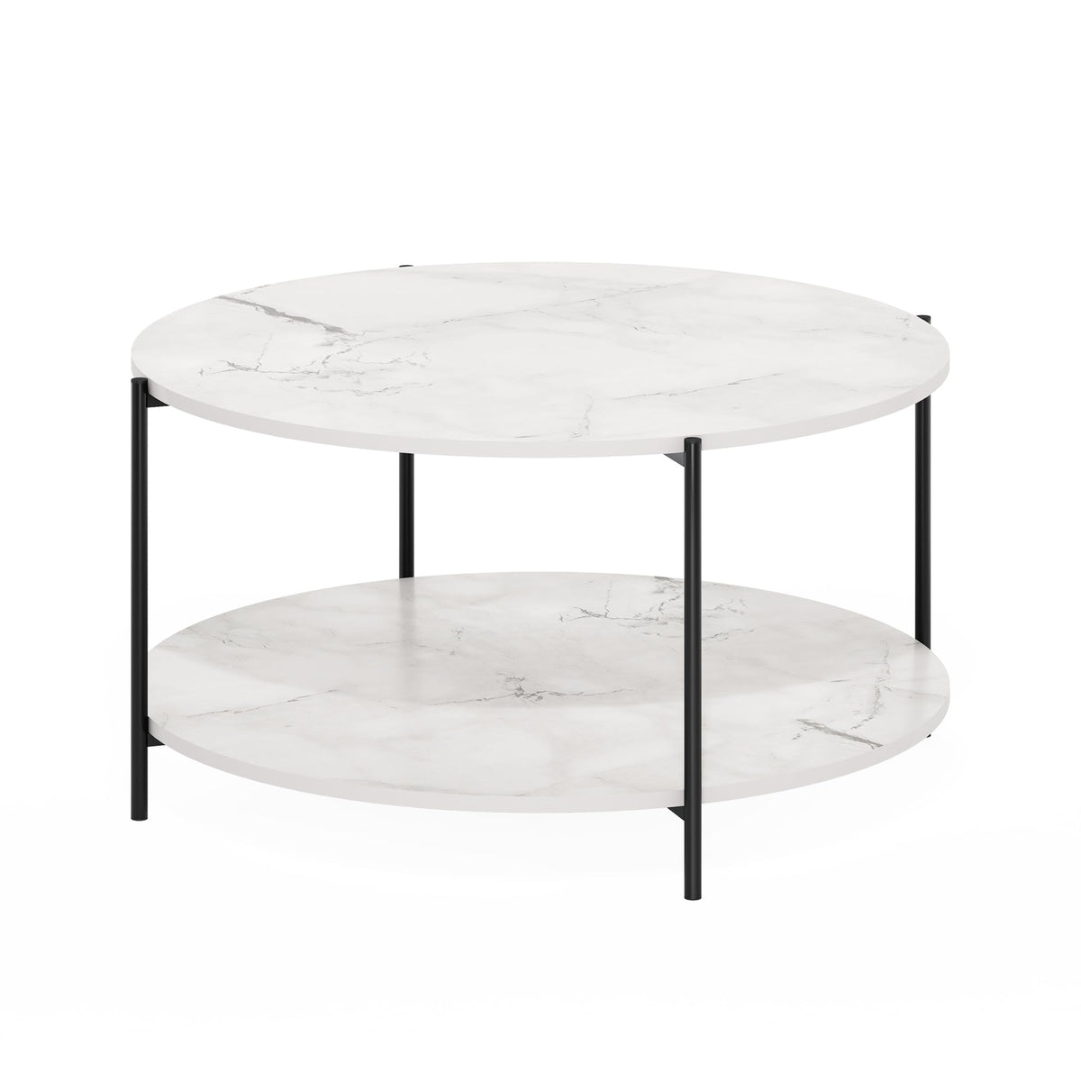 Furinno Besi 2-Tier Modern Round Coffee Table Table with Sturdy Metal Legs, Marble White/Black