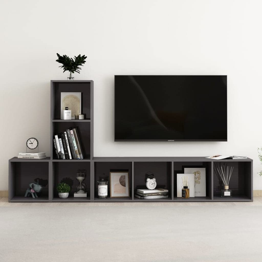 vidaXL 3 Piece High Gloss Gray TV Stand Set - Engineered Wood - Modern Design - Versatile Placement – Ample Storage - Easy Maintenance - California Proposition 65 Compliant