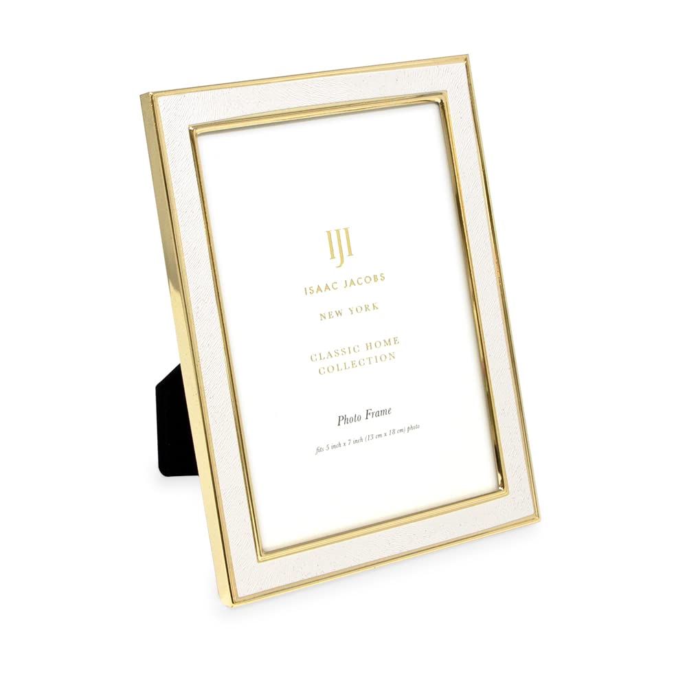 Isaac Jacobs 5x7 White Textured Leather (Vertical & Horizontal) & Gold Metal Picture Frame, with Black Fabric Easel, Wall-Mounta
