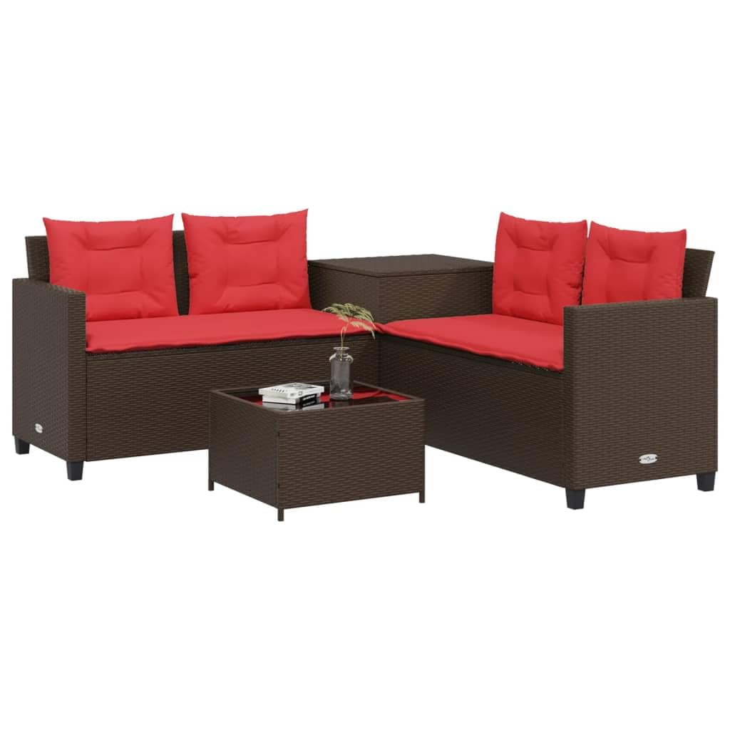 vidaXL Patio Sofa Set - L-Shaped Brown Poly Rattan Outdoor Seating with Side & Coffee Table, Tempered Glass Top, Cushions, Storage