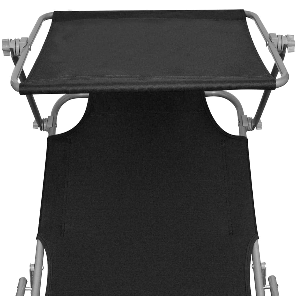 vidaXL Folding Sun Lounger with Canopy - Adjustable Backrest and Canopy, Weatherproof Steel Frame, Easy Storage and Transport, Black Fabric, Maximum Load 264.6 lbs