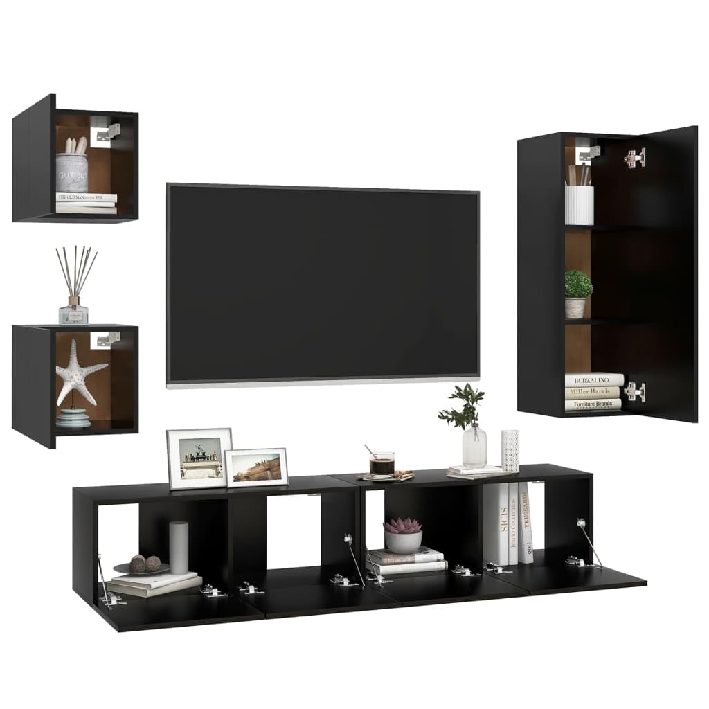 vidaXL TV Cabinet Set 5 Piece Home Living Room Bedroom Furniture HiFi Stereo Cabinet TV Stand Media Unit Entertainment Center Engineered Wood Black