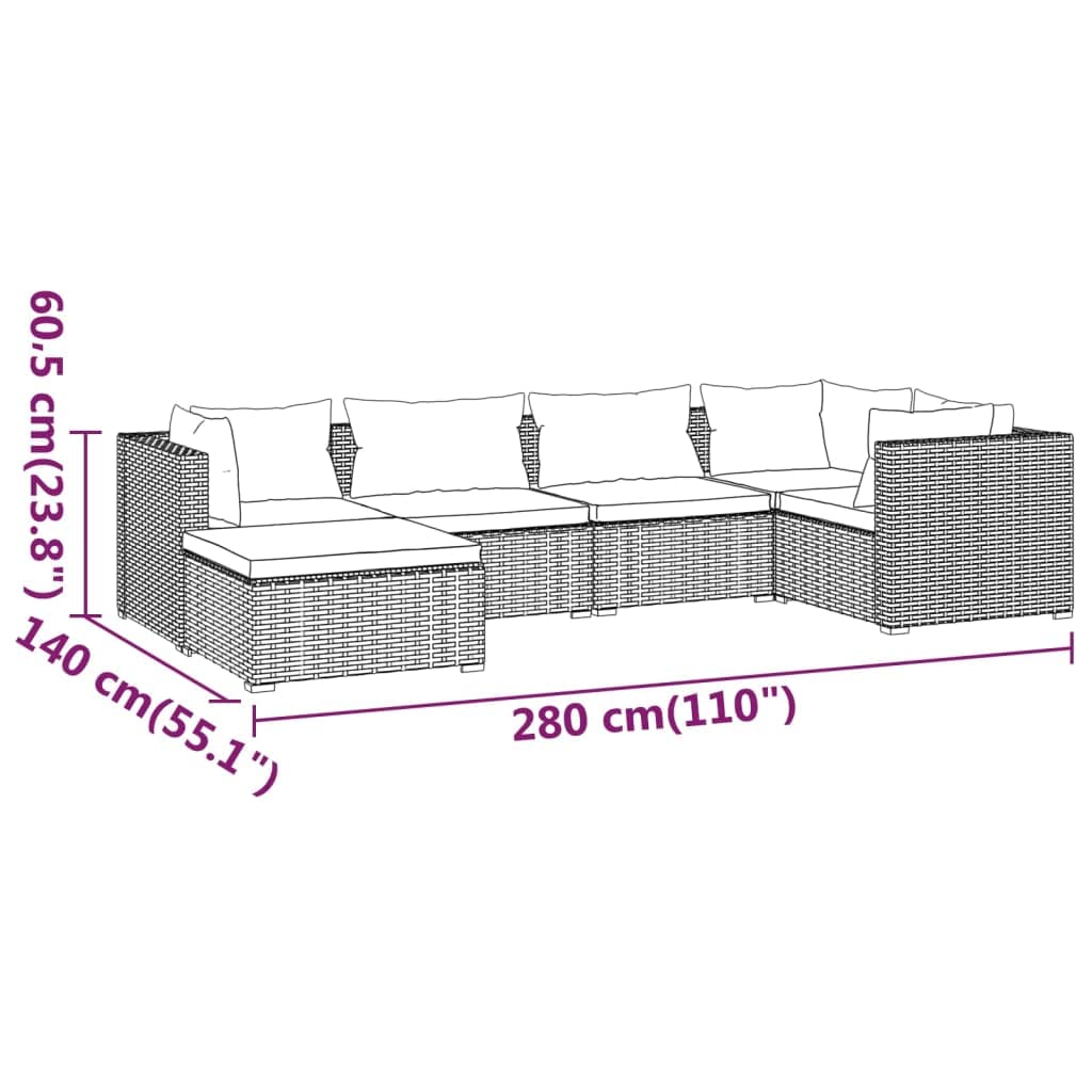 vidaXL 6-Piece Patio Lounge Set in Black Poly Rattan - Modular Seating Arrangement with Water-Resistant Blue Cushions for Outdoor Spaces