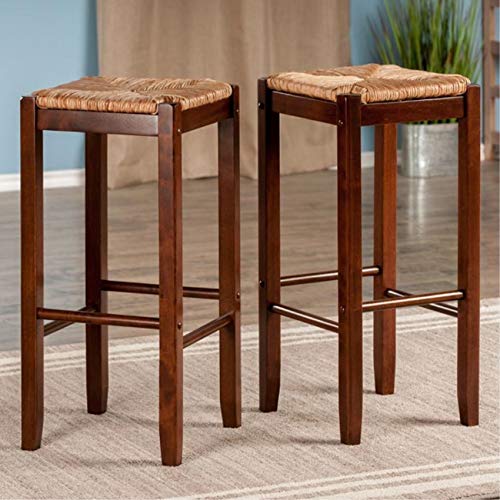 Kaden 2-Piece Bar Stool Set | Natural Sea Grass Rush Seat | Solid Wood Frame | 29' Height | Walnut Finish | Supports up to 220 lbs | Easy Assembly