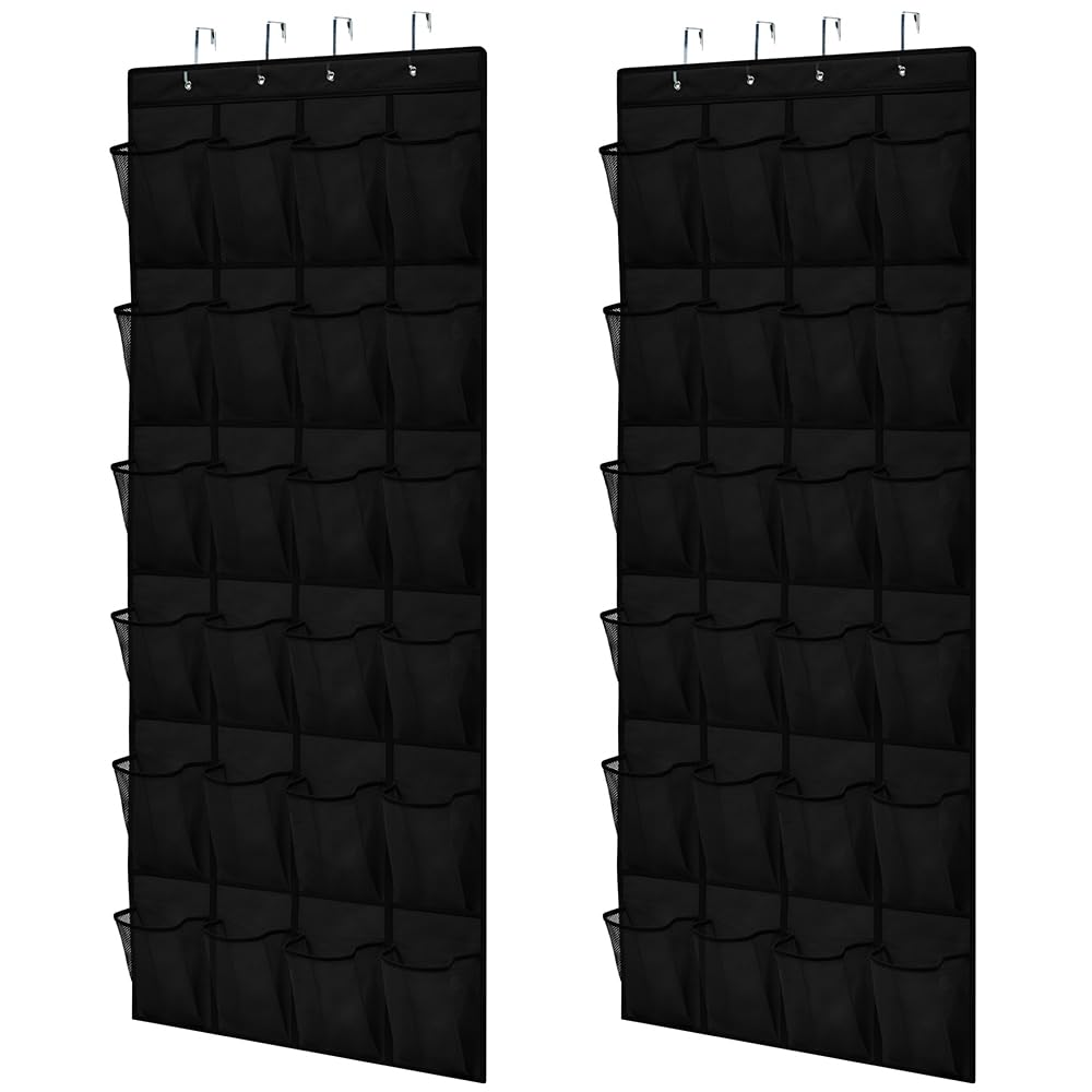 Gorilla Grip Over The Door Shoe Organizer, 2 Pack, 24 Breathable Mesh Pockets, Space Saving Hanging Storage Holder, Closet Rack Hanger Holds Up To 40 Lbs, Hangs On Closets, Shoes, Accessories, Black