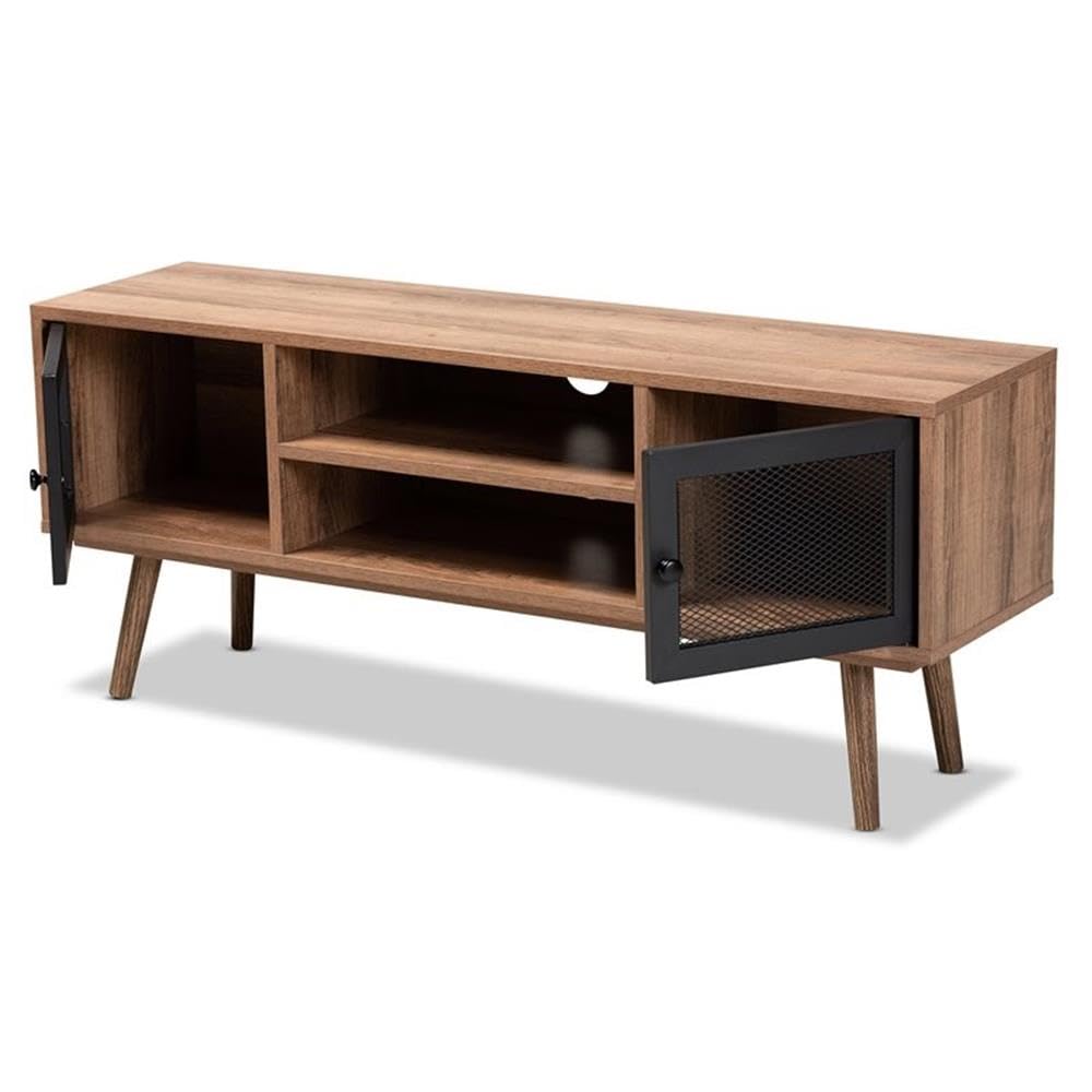 Baxton Studio Yuna Mid-Century Modern Transitional Natural Brown Finished Wood and Black Metal 2-Door TV Stand