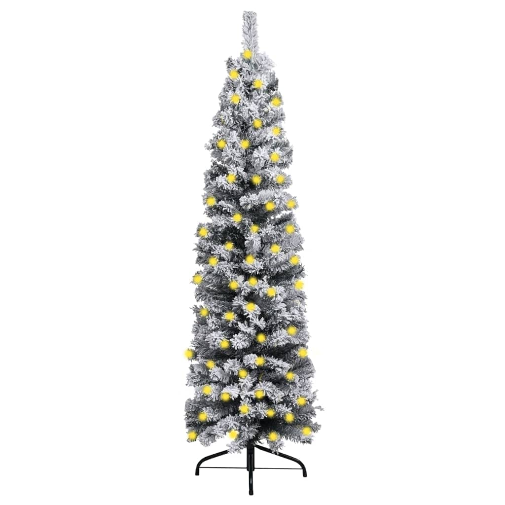 Vidaxl Slim Artificial Christmas Tree With Flocked Snow And Led Lights - Energy-Efficient, Lifelike Green Pvc Tree - 59.1&quot; Height, 16.9&quot; Diameter, 5W Power