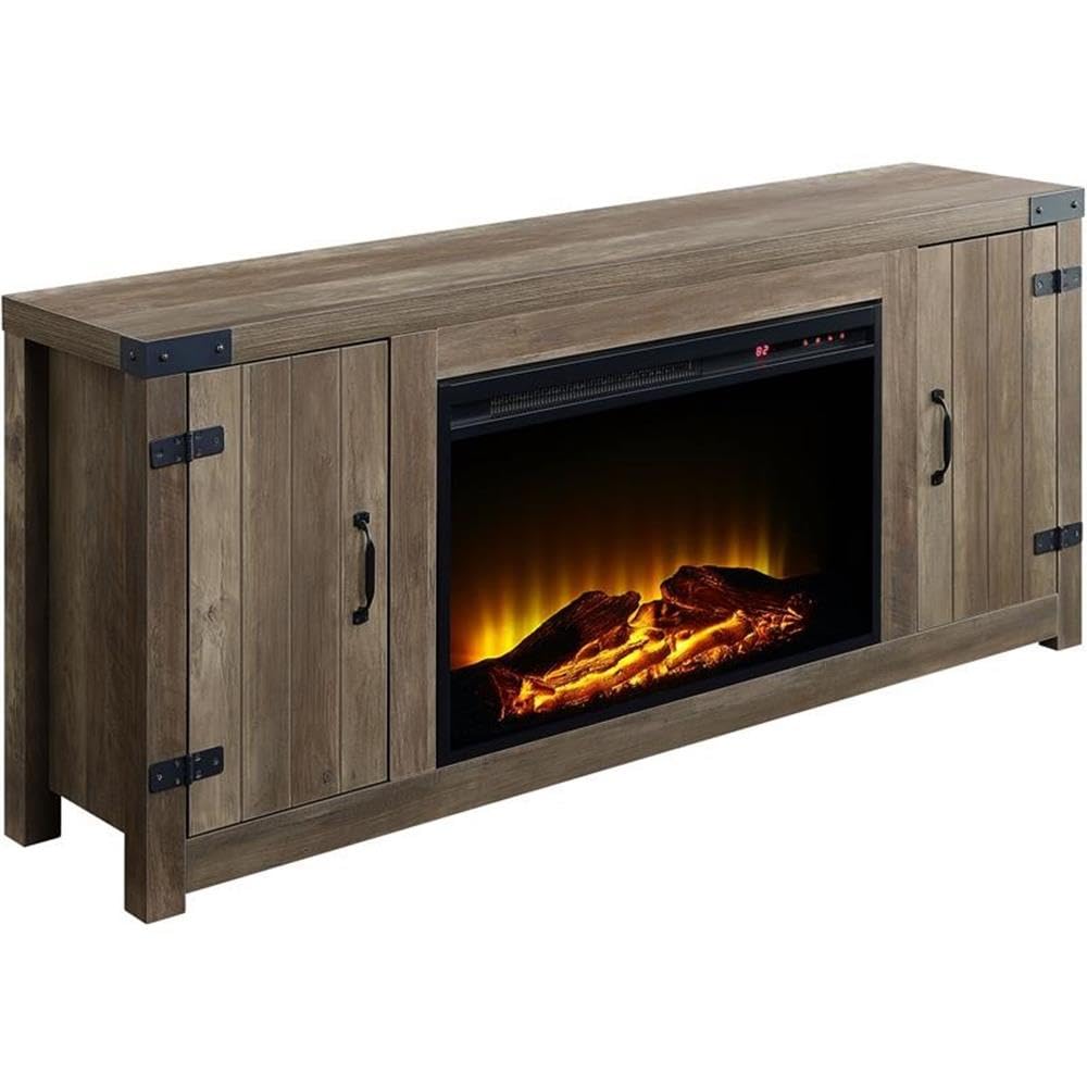 Acme Tobias Electric Fireplace Rustic Farmhouse Tv Stand With Double Barn Door For Tvs Up To 60&quot;, Rustic Oak Finish