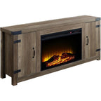 Acme Tobias Electric Fireplace Rustic Farmhouse Tv Stand With Double Barn Door For Tvs Up To 60", Rustic Oak Finish