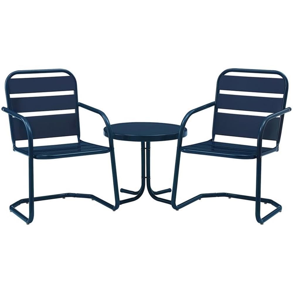 Crosley Furniture Brighton 3-Piece Outdoor Chair And Side Table Set, Retro Metal Patio Conversation Sets, Navy