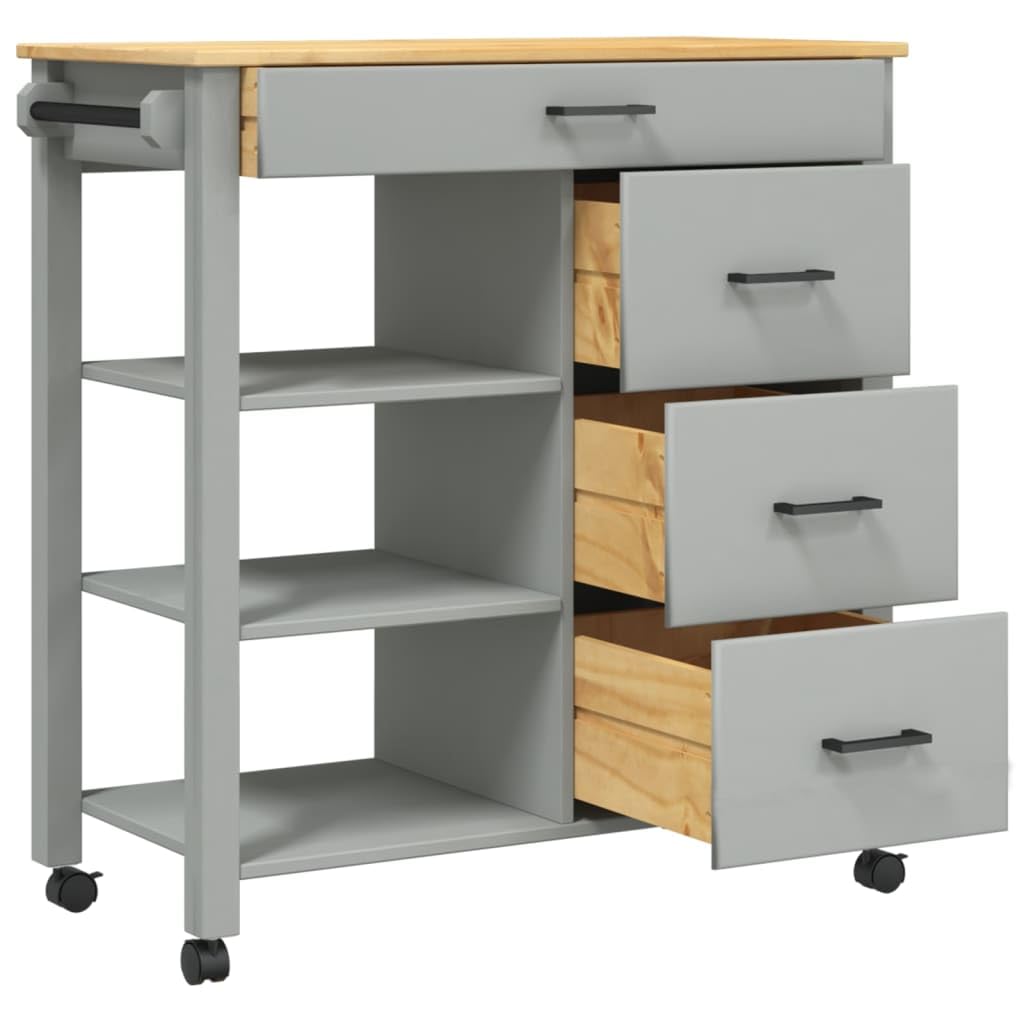 vidaXL Kitchen Trolley - Rolling Storage Cart with Drawers/Shelves, Solid Pine Wood, Lockable Wheels, in Gray/Honey Wax, 33.1x15.7x35.4
