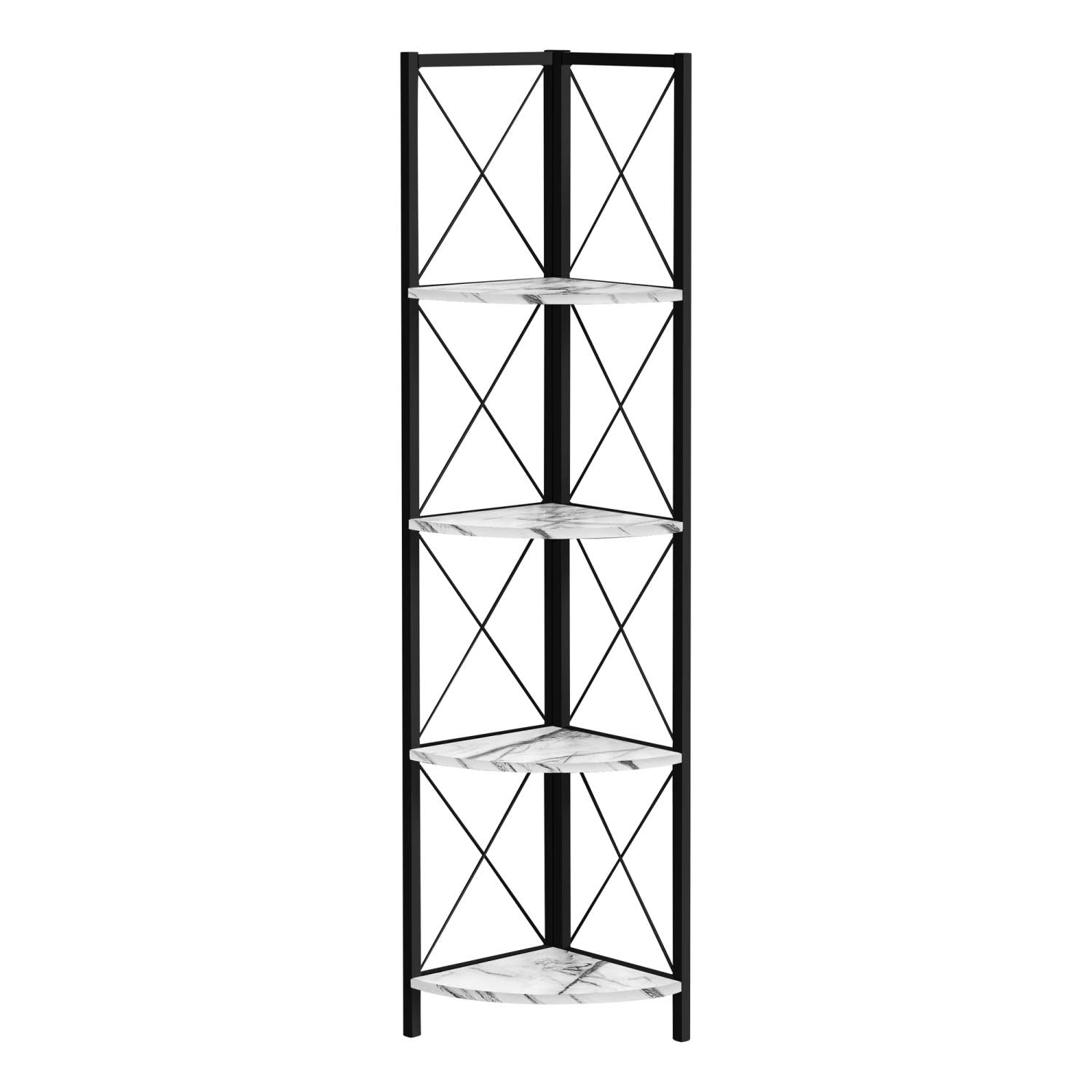Monarch Specialties I 3651 Bookshelf, Bookcase, Etagere, Corner, 4 Tier, 60' H, Office, Bedroom, Metal, Laminate, White Marble Look, Black, Contemporary, Modern