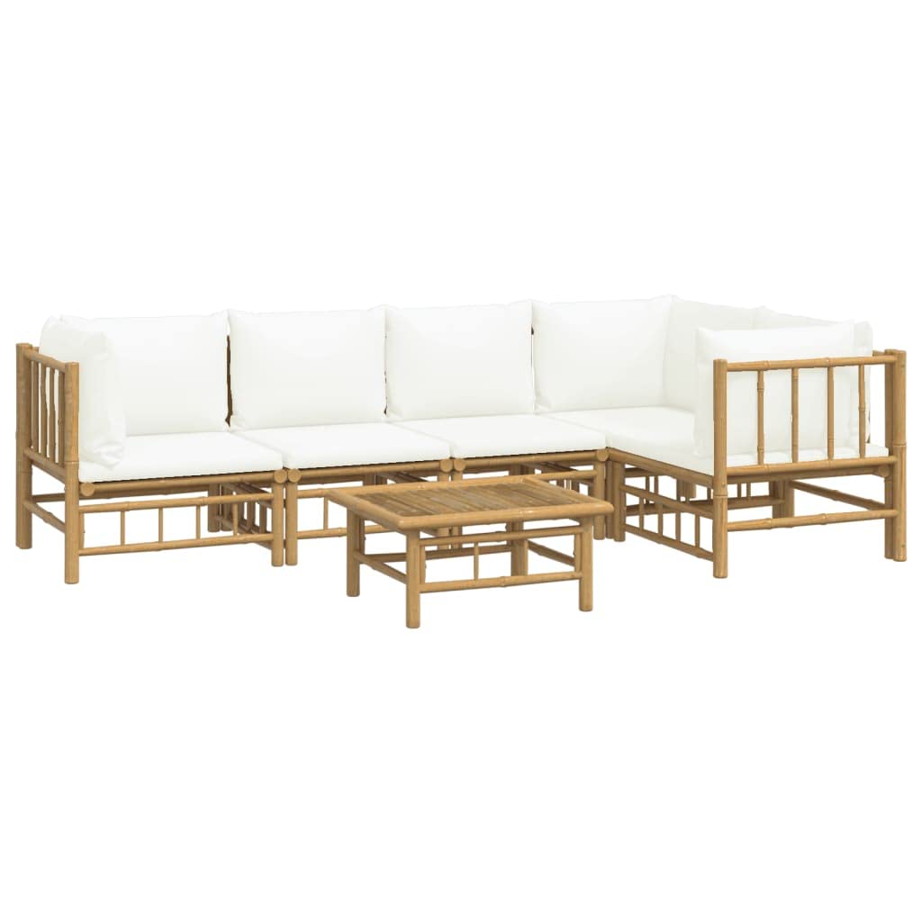 vidaXL Bamboo Patio Lounge Set - 6 Piece Outdoor Garden Sofa Set with Cream White Cushions, Modular Design, Ideal for Patio, Deck, Porch or Poolside