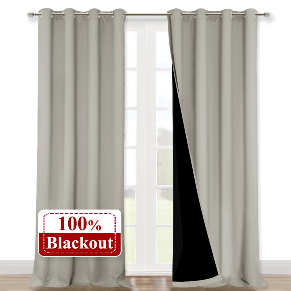 Nicetown Natural 100% Blackout Curtains For Windows, Pack Of 2, 52 Inches W X 102 Inches L, Super Heavy-Duty Black Lined Total D