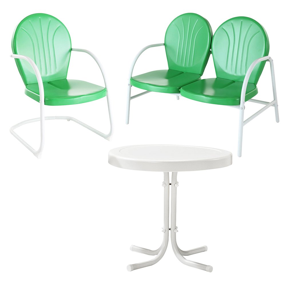 Crosley Furniture Griffith 3-Piece Retro Metal Outdoor Loveseat Patio Furniture Set for Porch, Deck, Balcony, Grasshopper Green