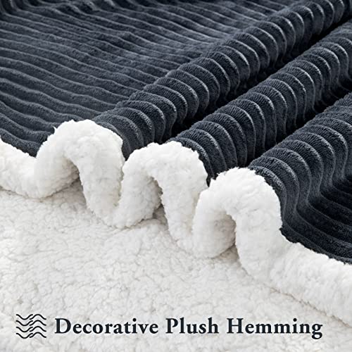 Lbro2M Striped Sherpa Fleece Bed Blanket Queen Size, Super Soft Fuzzy Plush Warm Cozy Fluffy Microfiber Couch Throw Velvet Double Reversible Luxurious Blankets (90X90), Dark Grey