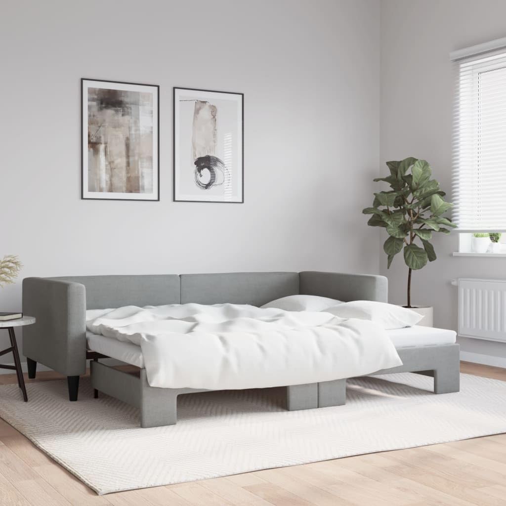 vidaXL Light Gray Daybed with Trundle: A Versatile 2-in-1 Sofa and Double Bed Solution, Crafted from Solid Wood and Metal with Fabric Upholstery