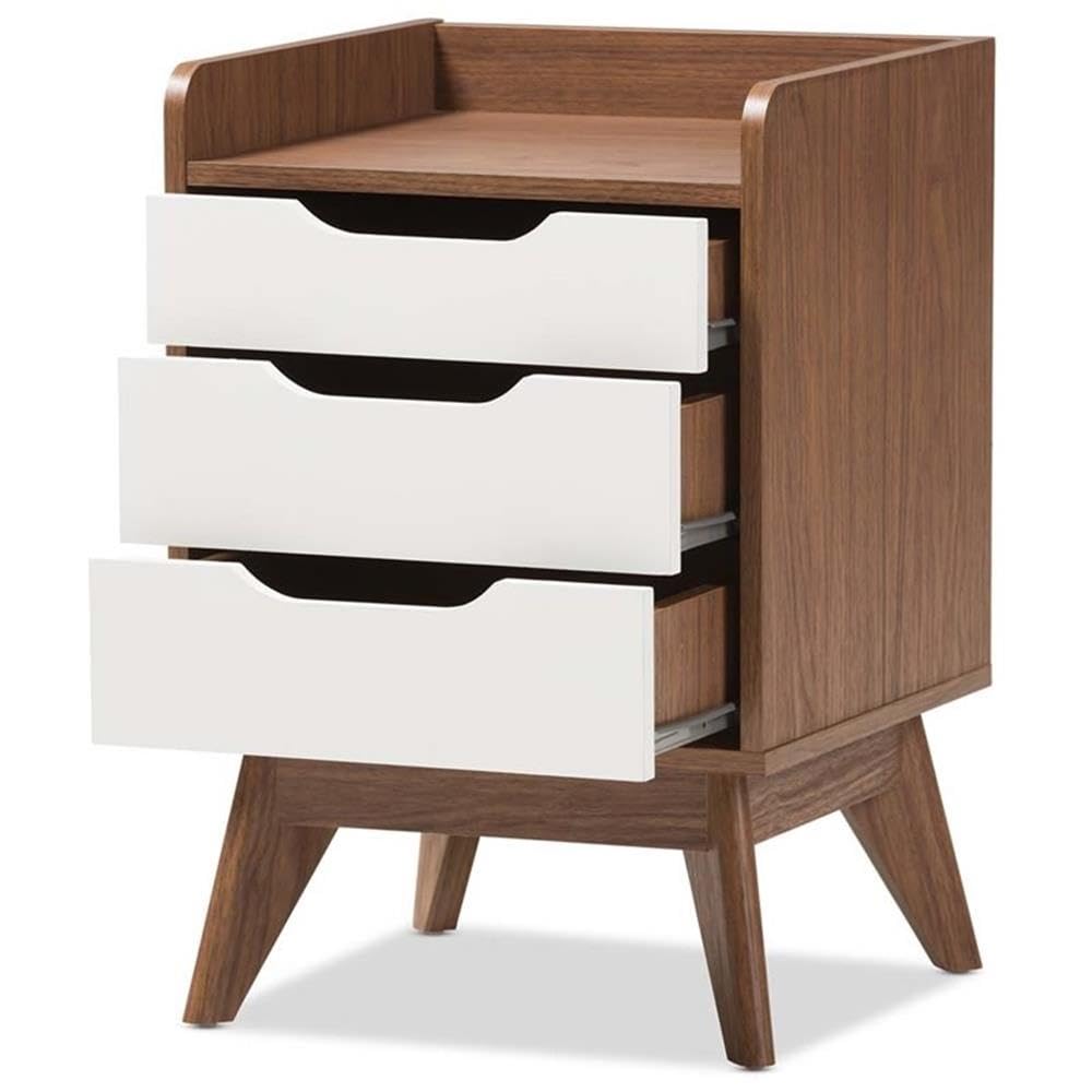 Baxton Studio Brighton Mid-Century Modern White and Walnut Wood 3-Drawer Storage Nightstand