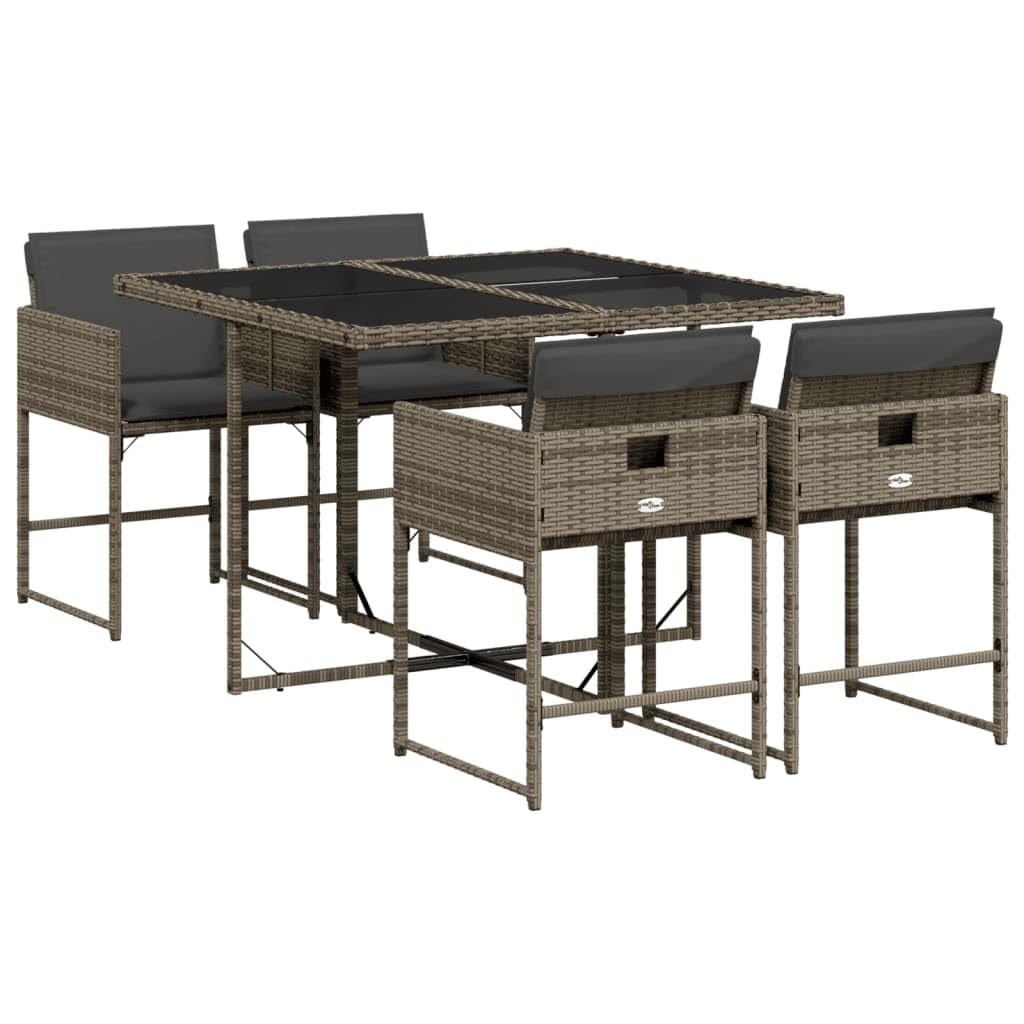 vidaXL 5 Piece Patio Dining Set - Gray Poly Rattan Furniture with Cushions and Glass Table - Outdoor/Garden/Backyard
