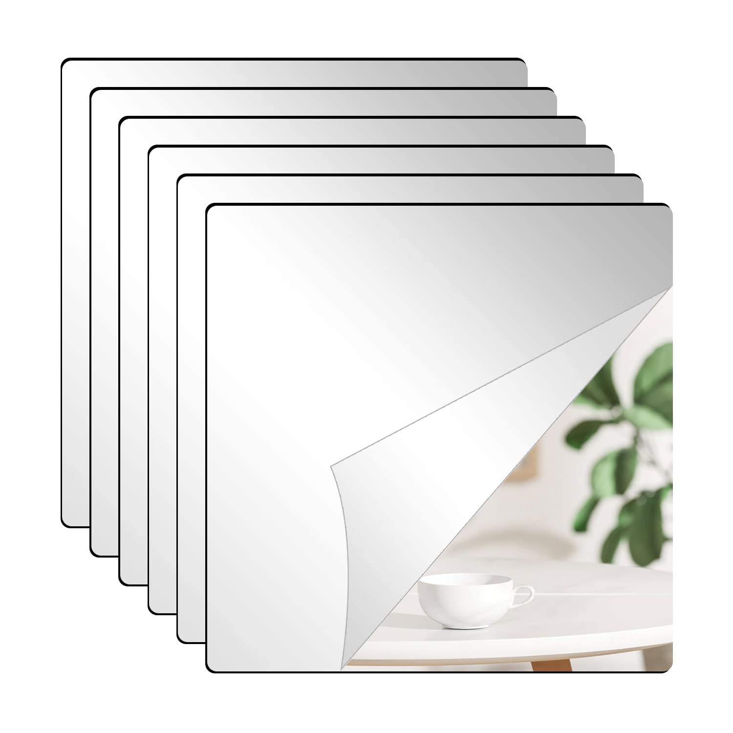 DARENYI 6Pcs Acrylic Mirror Tiles, 8 x 8 x 0.07 Mirror Sheets for Walls Decor, Self-Adhesive Mirror Stickers, Square Mirro
