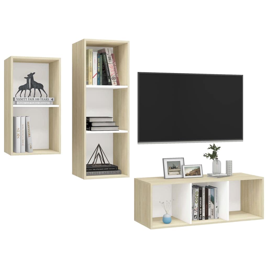 vidaXL TV Stand Set 3 Piece, TV Unit for Living Room, Sideboard with Storage, Media Unit Cupboard, Modern Scandinavian, White and Oak Engineered Wood
