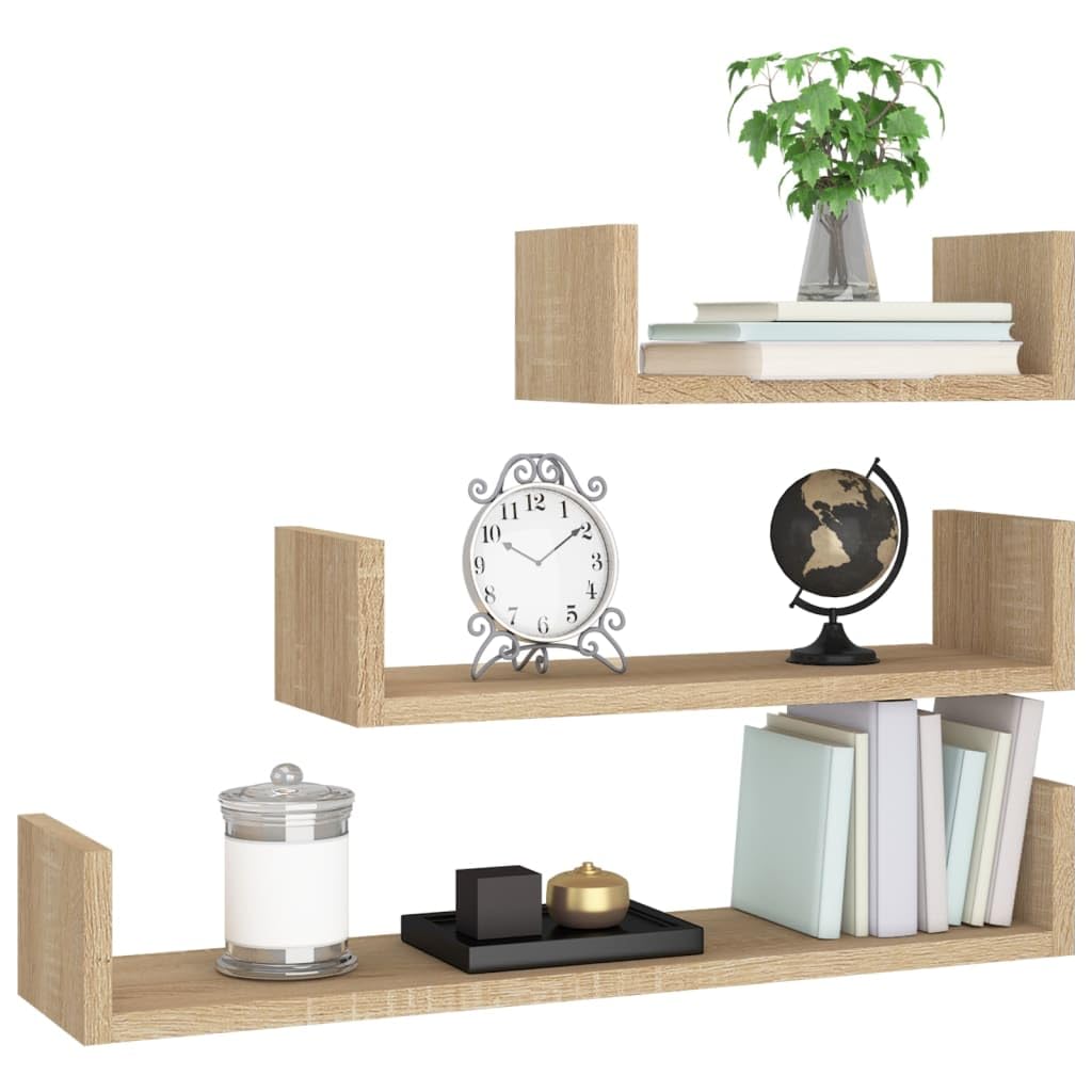 vidaXL - Set of 3 Floating Wall Shelves in Sonoma Oak - Engineered Wood U-Shaped Shelves for Kitchen, Living Room, Office