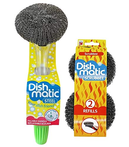 Easy Do Dish Matic Fillable Dish Wand Brush with Handle for Dishwashing | Soap Dispensing Steel Scrubber for Utensils | Fillable