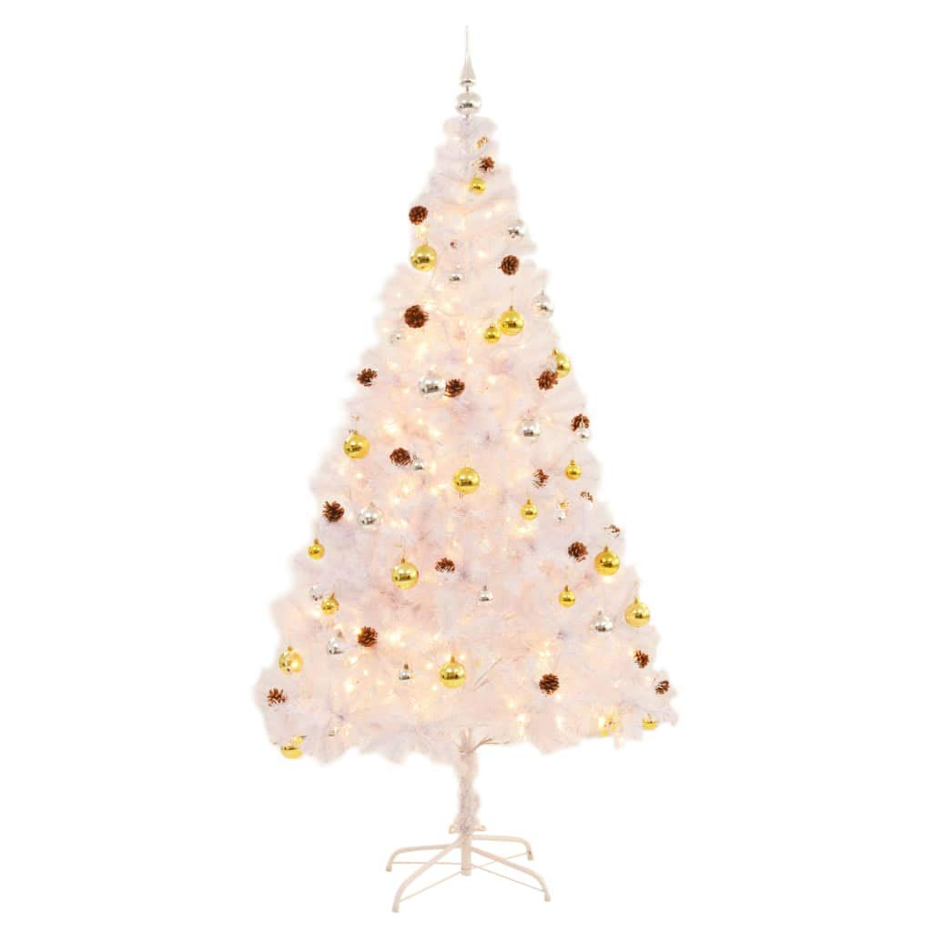 Vidaxl Artificial Christmas Tree With Baubles And Leds Holiday Home Living Room Office Garden Terrance Ornament Decor Xmas Decoration White 7 Ft