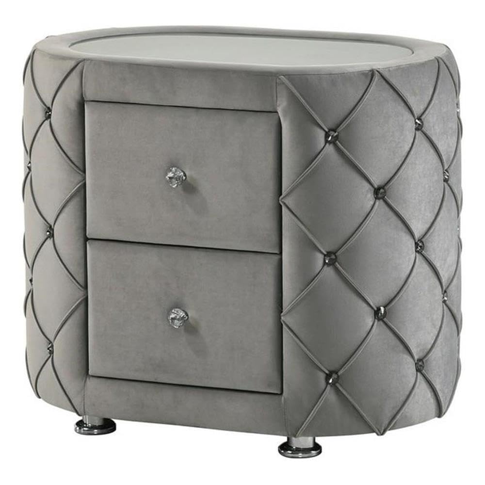 Acme Furniture Upholstered Nightstand with 2 Drawers, Gray Velvet