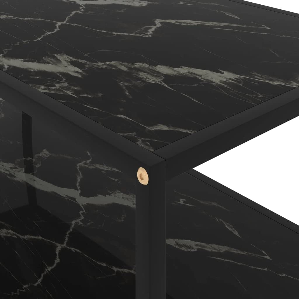 vidaXL Black Modern Coffee Table with Storage Shelf, Tempered Glass and Powder-Coated Steel, Rectangular Shape, Marble Texture, Dimensions 39.4x19.7x13.8