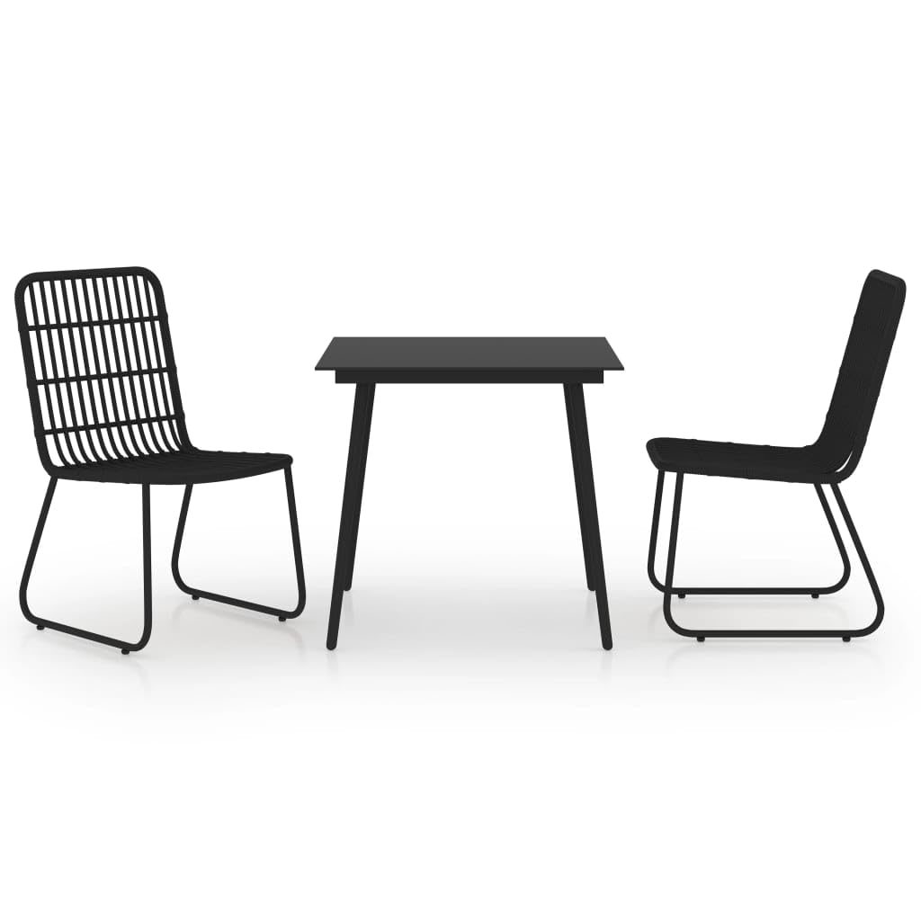 vidaXL 3-Piece Patio Dining Set - Modern Outdoor Furniture with Glass Tabletop - Weather-Resistant Poly Rattan and Powder Coated Steel - Black