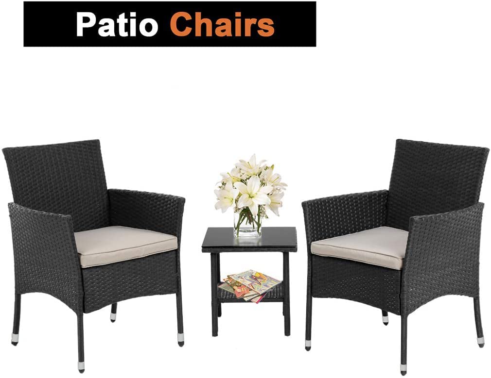 Fdw Patio Furniture Set 3 Piece Patio Chair Bistro Set Outdoor Rattan Chairs Wicker Conversation Set For Backyard Porch Poolside Lawn,Black