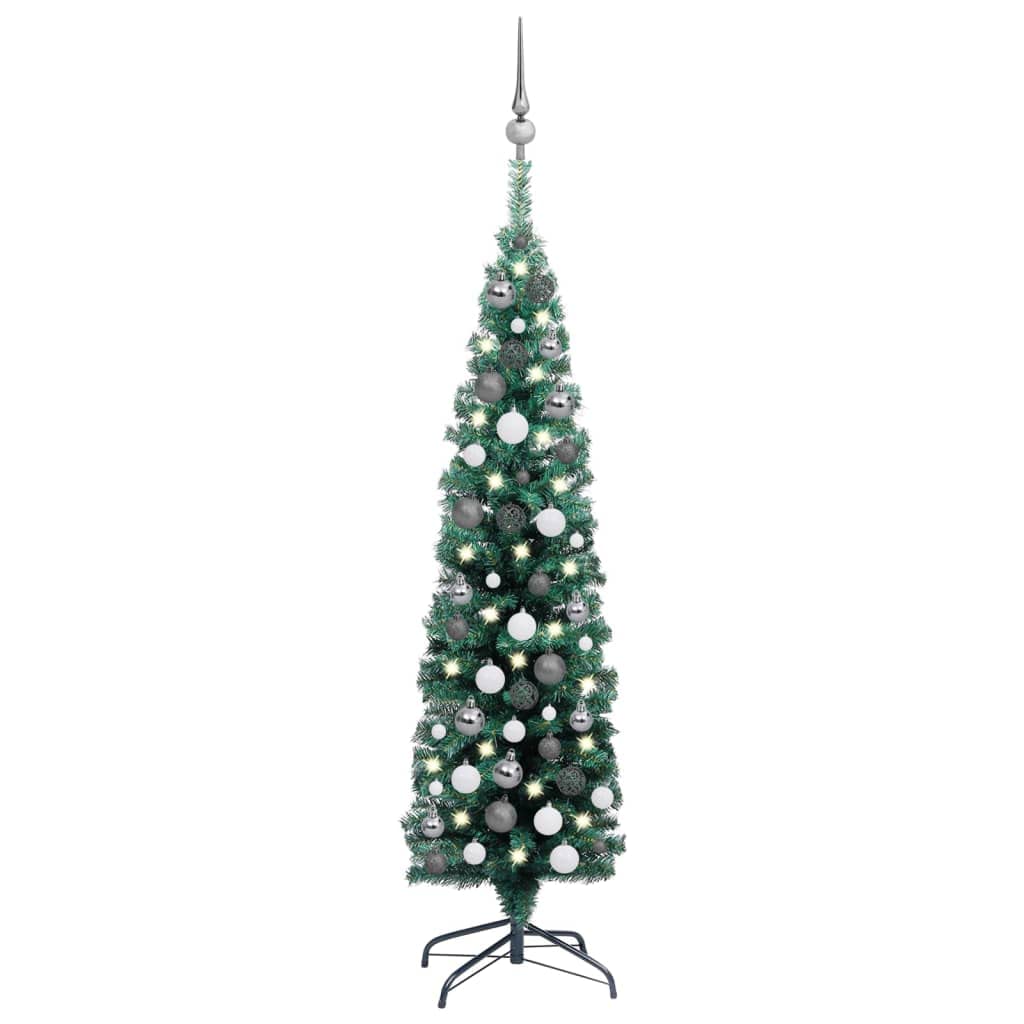 Vidaxl Slim Pvc Artificial Christmas Tree With Led Lights And Ball Set, 70.9&quot; With 18.9&quot; Diameter, Stable Steel Feet, Usb Powered, Ideal For Christmas Season Decorations