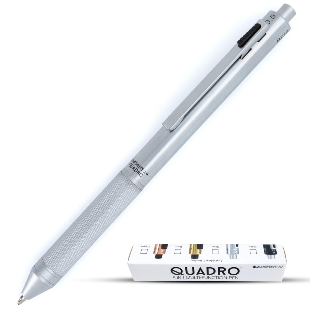 Monteverde Usa Quadro 4-In-1 Multifunction Pen - Silver Finish - 3 Ballpoint Colors & Mechanical Pencil - Solid Brass Barrel Wit