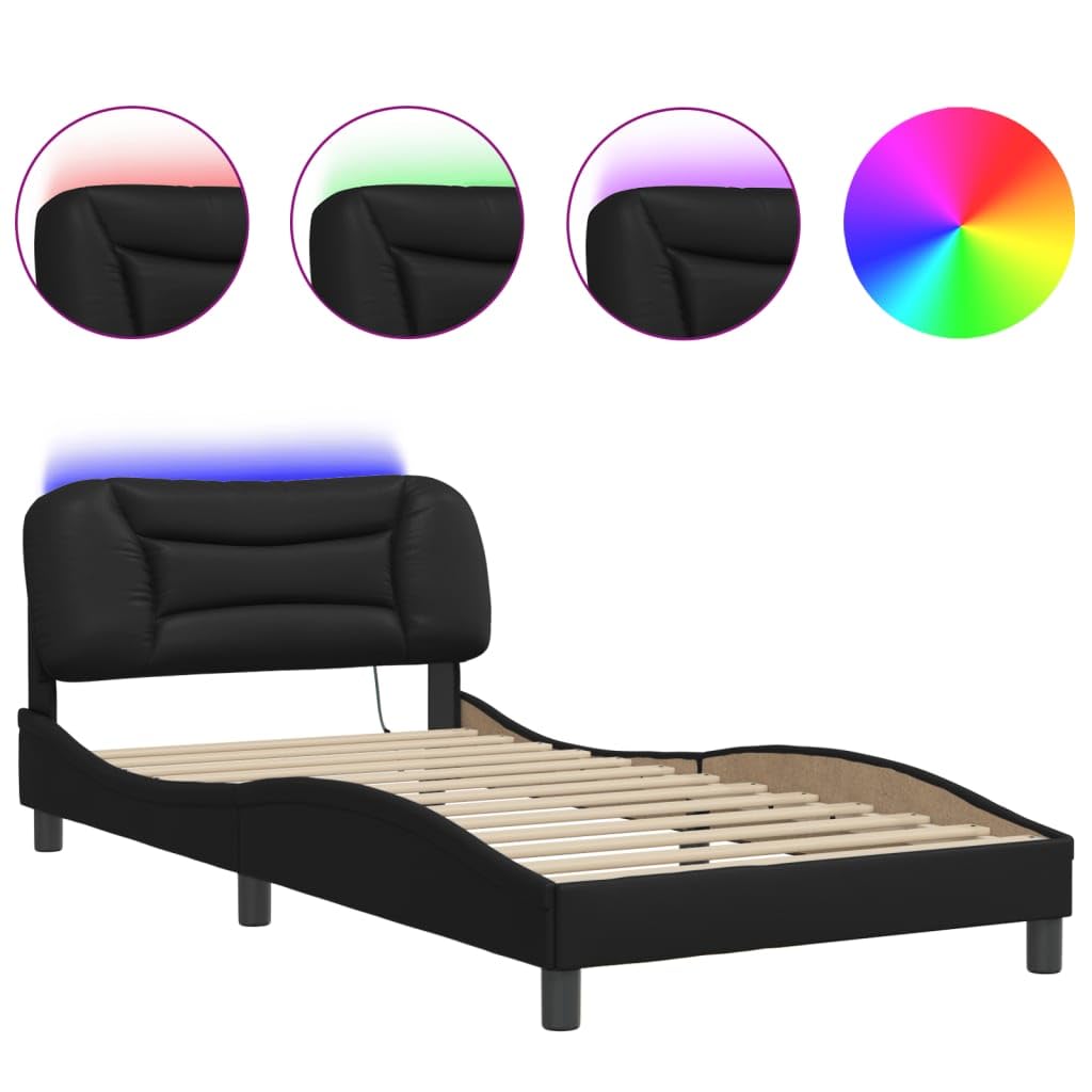 vidaXL Black Twin Size Bed Frame with Foam Headboard and LED Strip Lighting - Contemporary Faux Leather Upholstery - Bedroom Furniture